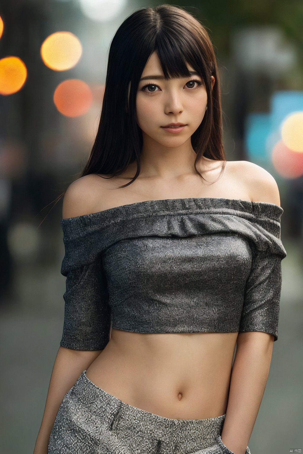 1girl, (looking at viewer),  (bokeh:1.1), parted lips,expressionless, realistic, arm behind head, off shoulder,
pants, skyline,
realistic, , Ai Uehara