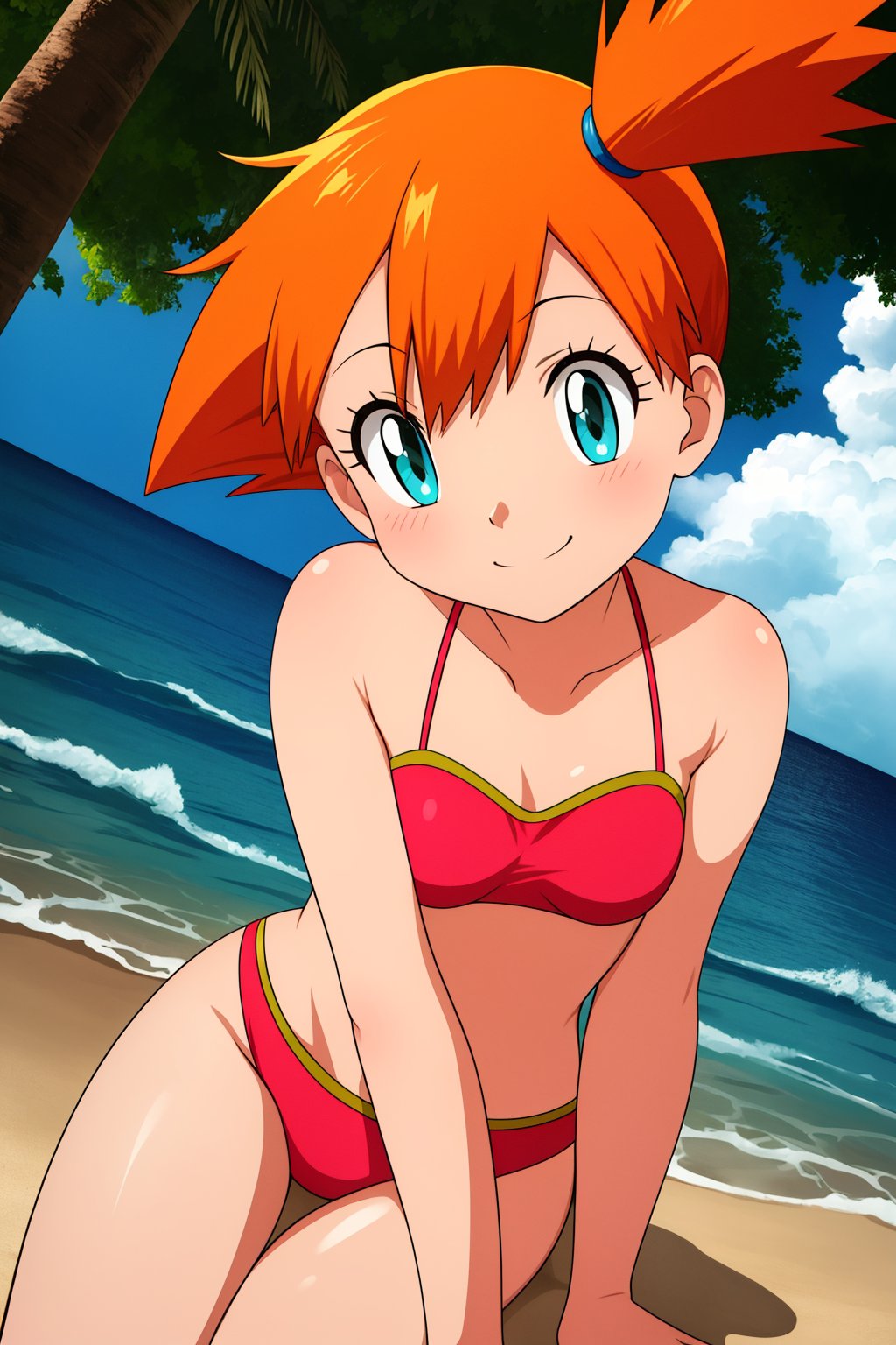 pkmnmisty, 1girl, solo, green eyes, orange hair, short hair, side ponytail, bangs, red bikini,smile,closed mouth,cowboy shot,sitting,beach,outdoor,(insanely detailed, beautiful detailed face, masterpiece, best quality) cinematic lighting,<lora:PKMN_Misty_Red_Bikini_v2:1>, <lora:more_details:0.3>,