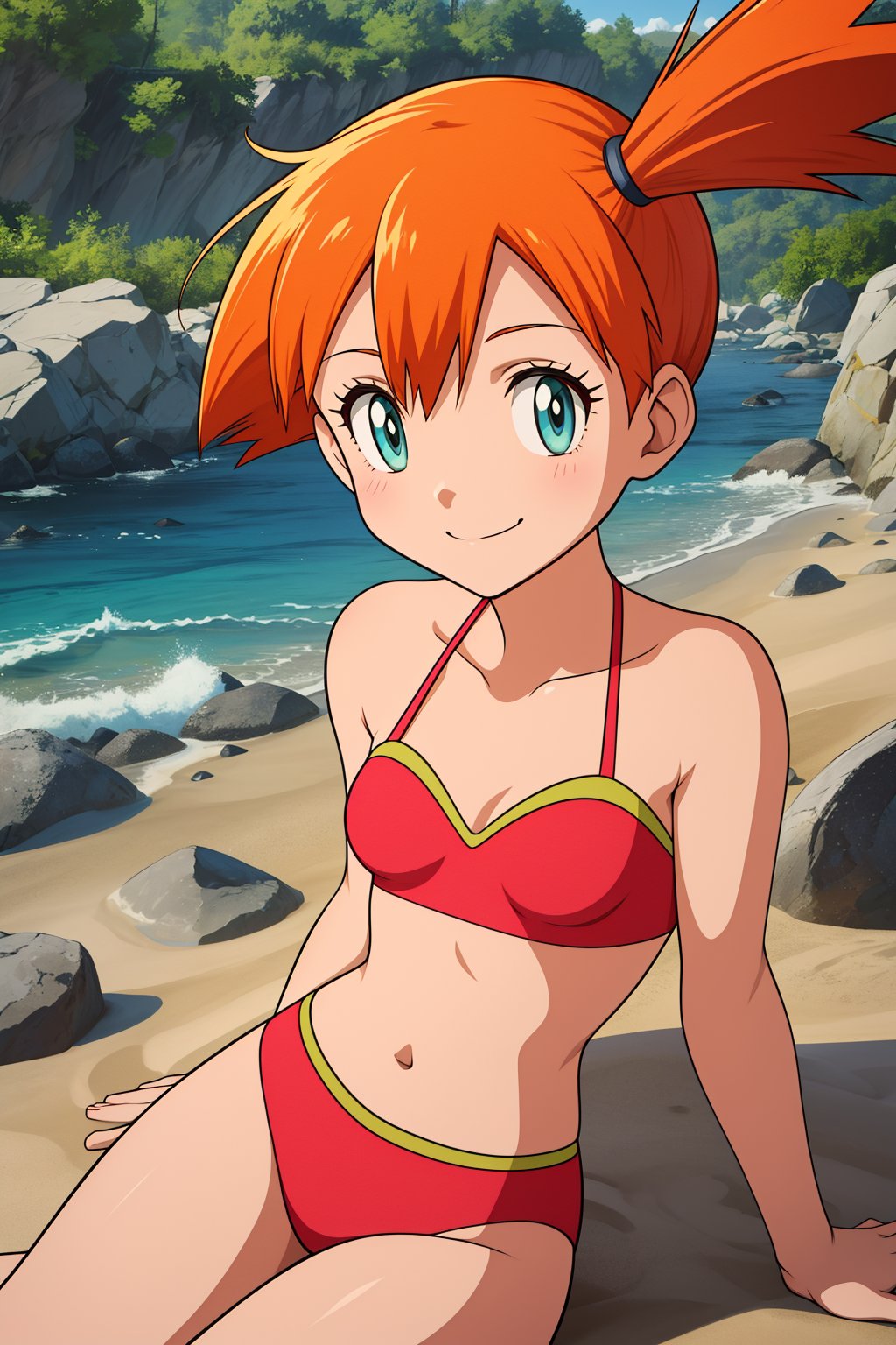 pkmnmisty, 1girl, solo, green eyes, orange hair, short hair, side ponytail, bangs, red bikini,smile,closed mouth,cowboy shot,sitting,beach,outdoor,(insanely detailed, beautiful detailed face, masterpiece, best quality) cinematic lighting,<lora:PKMN_Misty_Red_Bikini_v2:1>, <lora:more_details:0.3>,