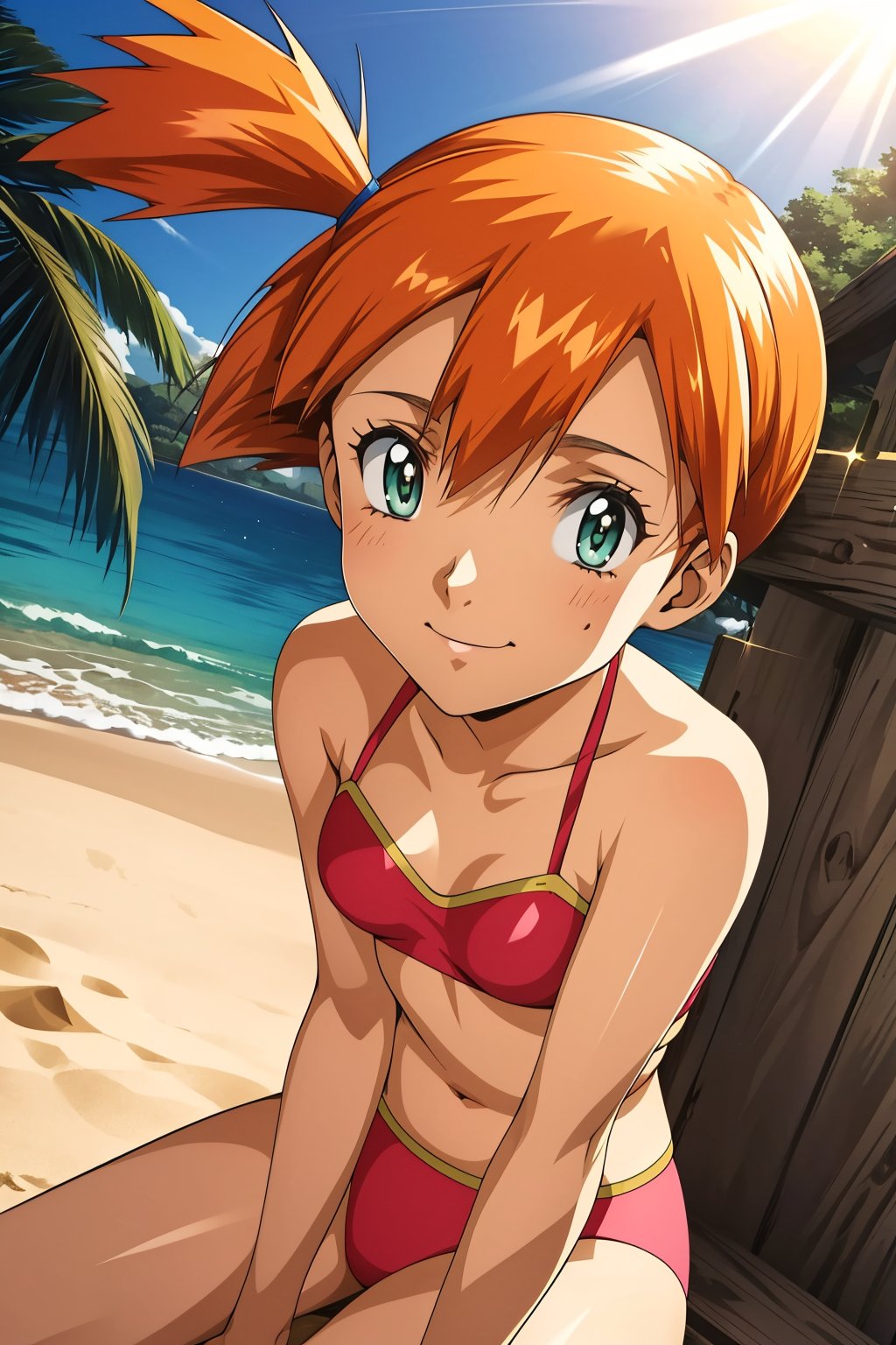 pkmnmisty, 1girl, solo, green eyes, orange hair, short hair, side ponytail, bangs, red bikini,smile,closed mouth,cowboy shot,sitting,beach,outdoor,(insanely detailed, beautiful detailed face, masterpiece, best quality) cinematic lighting,<lora:PKMN_Misty_Red_Bikini_v2:1>, <lora:more_details:0.3>,