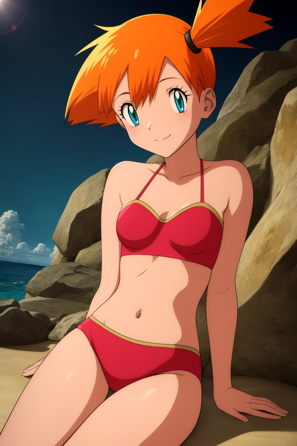 pkmnmisty, 1girl, solo, green eyes, orange hair, short hair, side ponytail, bangs, red bikini,smile,closed mouth,cowboy shot,sitting,beach,outdoor,(insanely detailed, beautiful detailed face, masterpiece, best quality) cinematic lighting,<lora:PKMN_Misty_Red_Bikini_v2:1>, <lora:more_details:0.3>,