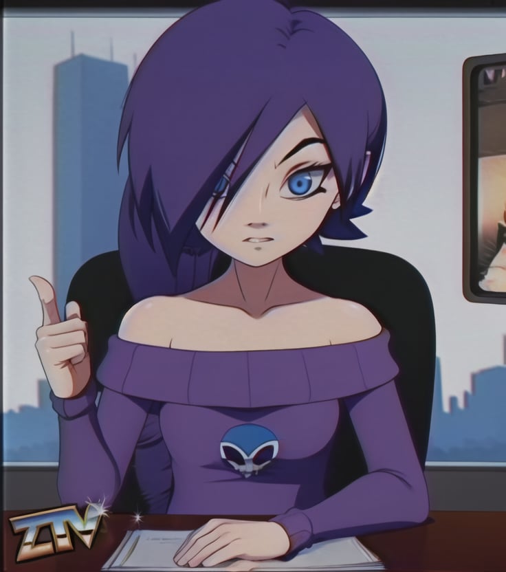 1girl, solo, long hair, breasts, looking at viewer, blue eyes, bare shoulders, sitting, collarbone, upper body, purple hair, off shoulder, hair over one eye, sweater, chair, pointing, borrowed character, sweater dress, off-shoulder sweater, purple sweater,    <lora:zonetannewground-10:0.9>