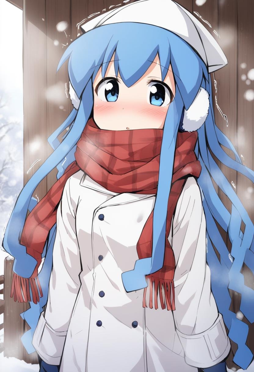 1girl, ika, scarf, blue eyes, blue hair, solo, trembling, earmuffs, tentacle hair, cold, hat, red scarf, looking at viewer, winter clothes, snowing, blush, long hair, coat, snow, upper body, medium quality, late, <lora:char - ikamusume - v2 - bionagato:1>