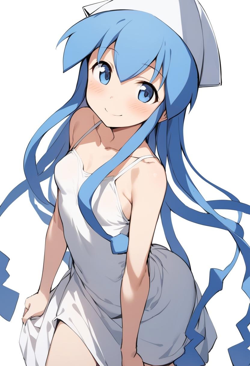 1girl, ika, bare arms, bare shoulders, blue eyes, blue hair, blush, breasts, closed mouth, collarbone, dress, hair between eyes, hat, looking at viewer, simple background, sleeveless, sleeveless dress, small breasts, smile, solo, squid hat, tentacle hair, white background, white dress, white headwear, masterpiece, best quality, late, absurdres <lora:char - ikamusume - v2 - bionagato:1>