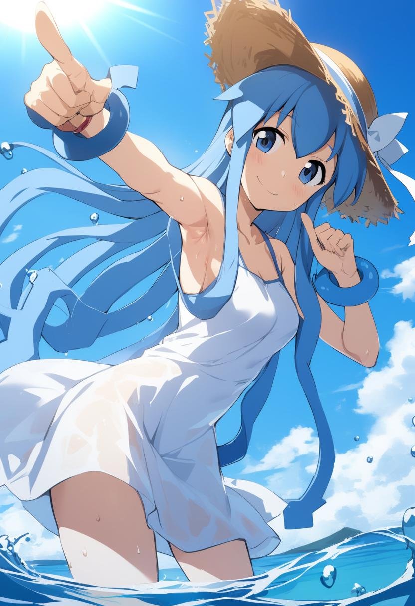 1girl, ika, solo, hat, dress, wading, long hair, sky, tentacle hair, blue hair, white dress, blue eyes, day, outdoors, hand on hip, blue sky, cloud, smile, sun, water, pointing, ocean, standing, sleeveless, bracelet, straw hat, jewelry, looking at viewer, sun hat, shoes, sandals, sweat, breasts, closed mouth, bangs, armpits, shoes removed, medium quality, late, <lora:char - ikamusume - v2 - bionagato:1>