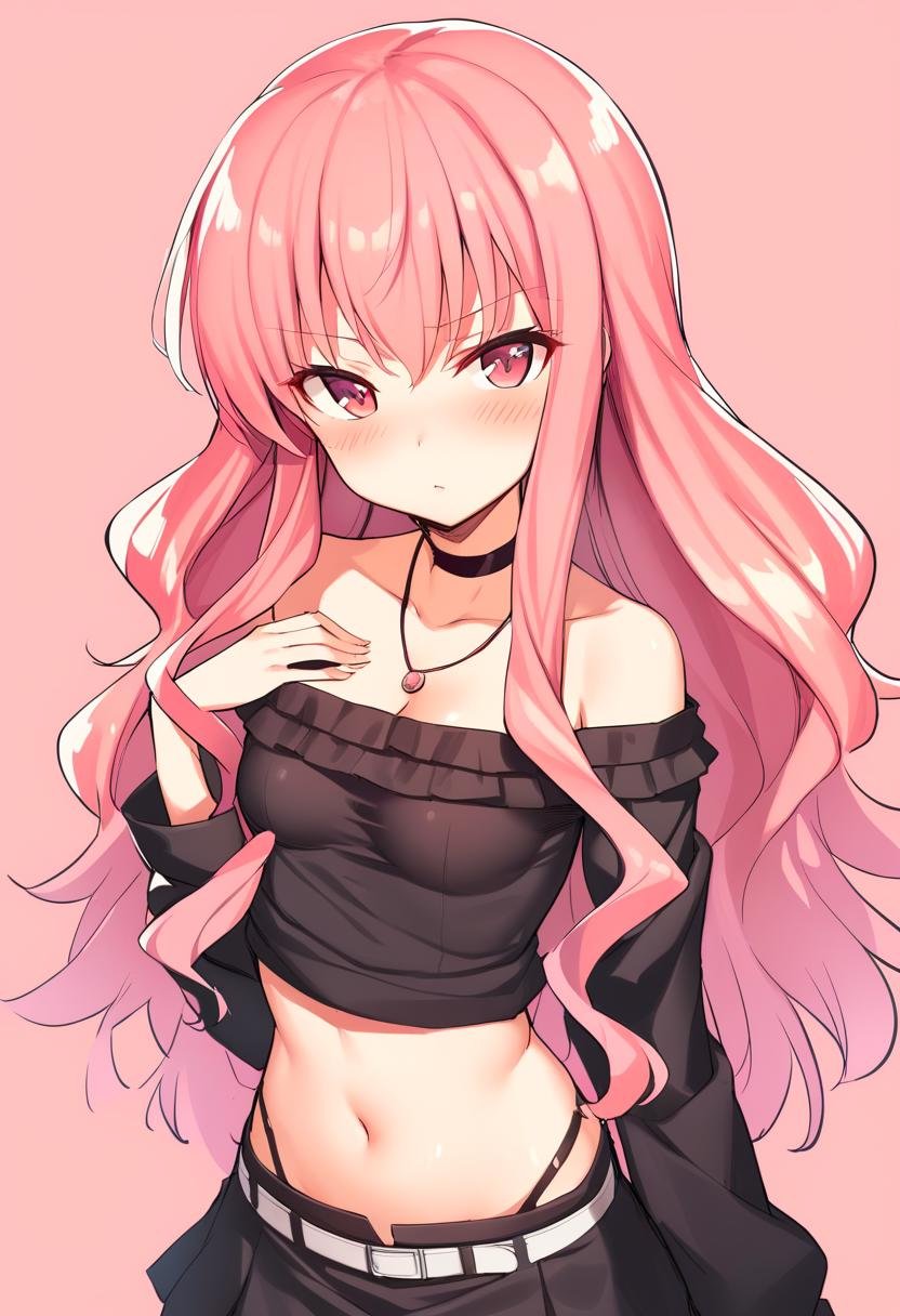 1girl, louise francoise le blanc de la valliere, belt, blush, breasts, choker, cleavage, expressionless, garter straps, jewelry, long hair, looking at viewer, midriff, miniskirt, navel, necklace, off-shoulder shirt, off shoulder, pink hair, skirt, small breasts, thighhighs, absurdres, highres, masterpiece, best quality, mid, <lora:char - louise francoise le blanc de la valliere - v1 - bionagato:1>