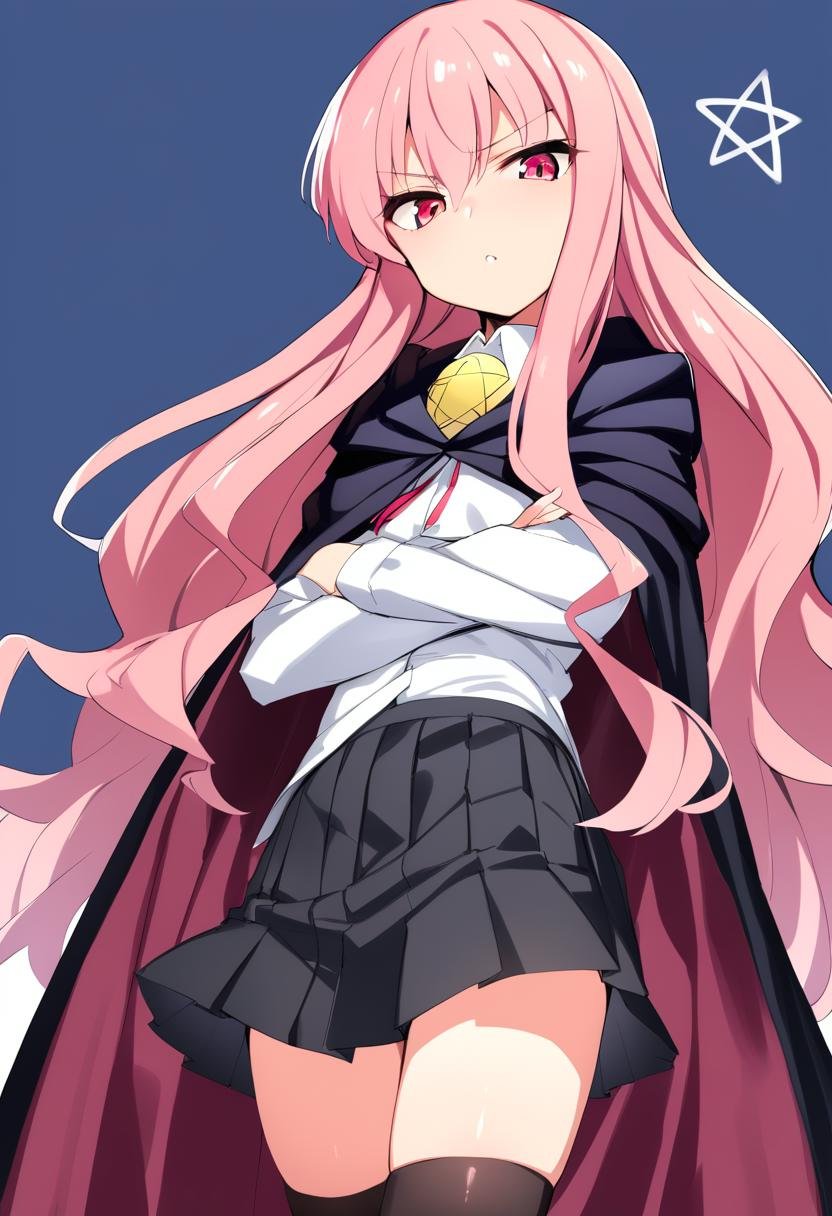 1girl, louise francoise le blanc de la valliere, black cape, black skirt, black thighhighs, cape, crossed arms, dress shirt, long hair, long sleeves, looking at viewer, pentacle, pink hair, pleated skirt, red eyes, red ribbon, ribbon, shirt, simple background, skirt, solo, thighhighs, white background, absurdres, highres, masterpiece, best quality, mid, <lora:char - louise francoise le blanc de la valliere - v1 - bionagato:1>