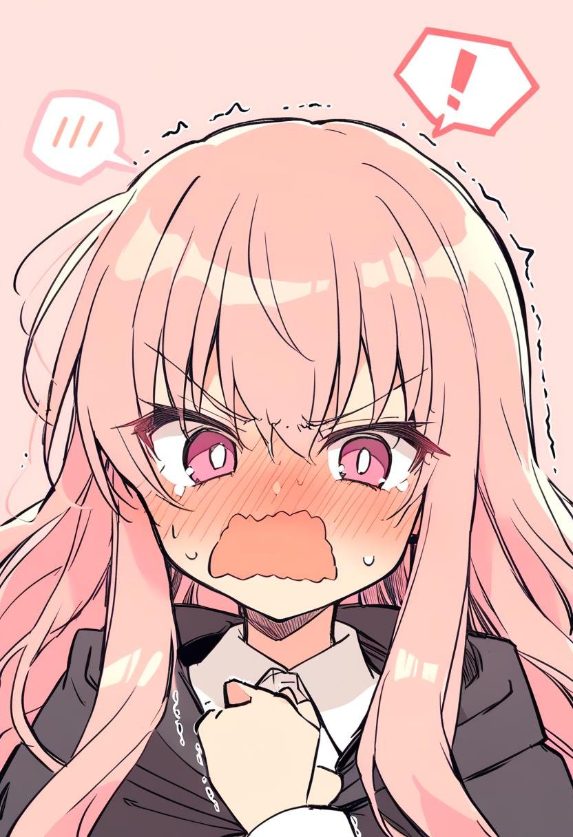 1girl, louise francoise le blanc de la valliere, !, !?, angry, black cape, blush, cape, collared shirt, embarrassed, eyelashes, eyes visible through hair, full-face blush, hair between eyes, hand up, long hair, long sleeves, looking at viewer, open mouth, pink background, pink eyes, pink hair, shirt, sidelocks, simple background, solo, spoken blush, spoken exclamation mark, star (symbol), star print, straight-on, sweat, trembling, upper body, wavy hair, wavy mouth, white shirt, <lora:char - louise francoise le blanc de la valliere - v1 - bionagato:1>