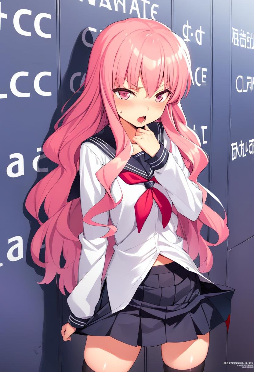 1girl, louise francoise le blanc de la valliere, company name, copyright name, long hair, long sleeves, open mouth, pink eyes, pink hair, school uniform, serafuku, skirt, solo, thighhighs, tsundere, wall of text, zettai ryouiki, absurdres, highres, masterpiece, best quality, mid, <lora:char - louise francoise le blanc de la valliere - v1 - bionagato:1>