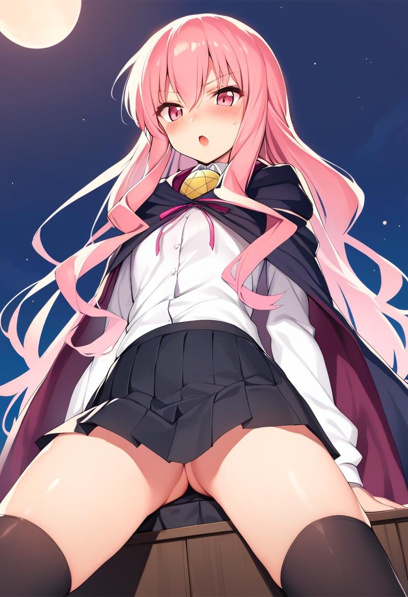 1girl, louise francoise le blanc de la valliere, black cape, black skirt, black thighhighs, blouse, blush, cape, collared shirt, dress shirt, from below, hair between eyes, long hair, long sleeves, miniskirt, moon, neck ribbon, night, open mouth, pink eyes, pink hair, pink ribbon, pleated skirt, ribbon, shirt, sitting, skirt, solo, straight hair, thighhighs, very long hair, white shirt, wing collar, zettai ryouiki, absurdres, highres, masterpiece, best quality, mid, <lora:char - louise francoise le blanc de la valliere - v1 - bionagato:1>