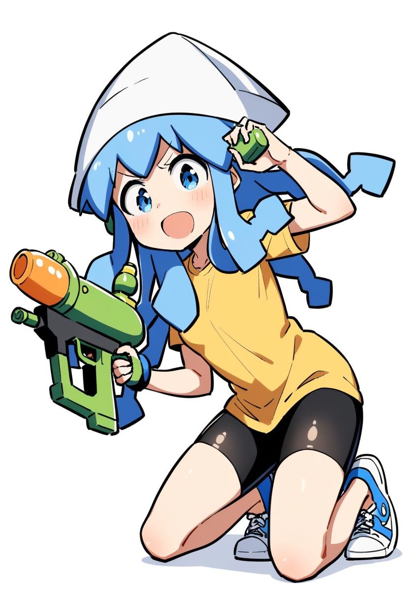 1girl, ika, kani biimu, \>:o, :d, :o, alternate costume, bike shorts, blue eyes, blue hair, blush, breasts, crossover, dot nose, eyebrows, full body, hat, holding, holding weapon, kneeling, long hair, looking at viewer, matching hair/eyes, no socks, open mouth, shirt, shoes, short sleeves, simple background, small breasts, smile, sneakers, solo, splattershot \(splatoon\), squid hat, t-shirt, tentacle hair, trait connection, two-handed, v-shaped eyebrows, water gun, weapon, white background, white hat, yellow shirt, <lora:char-ika>