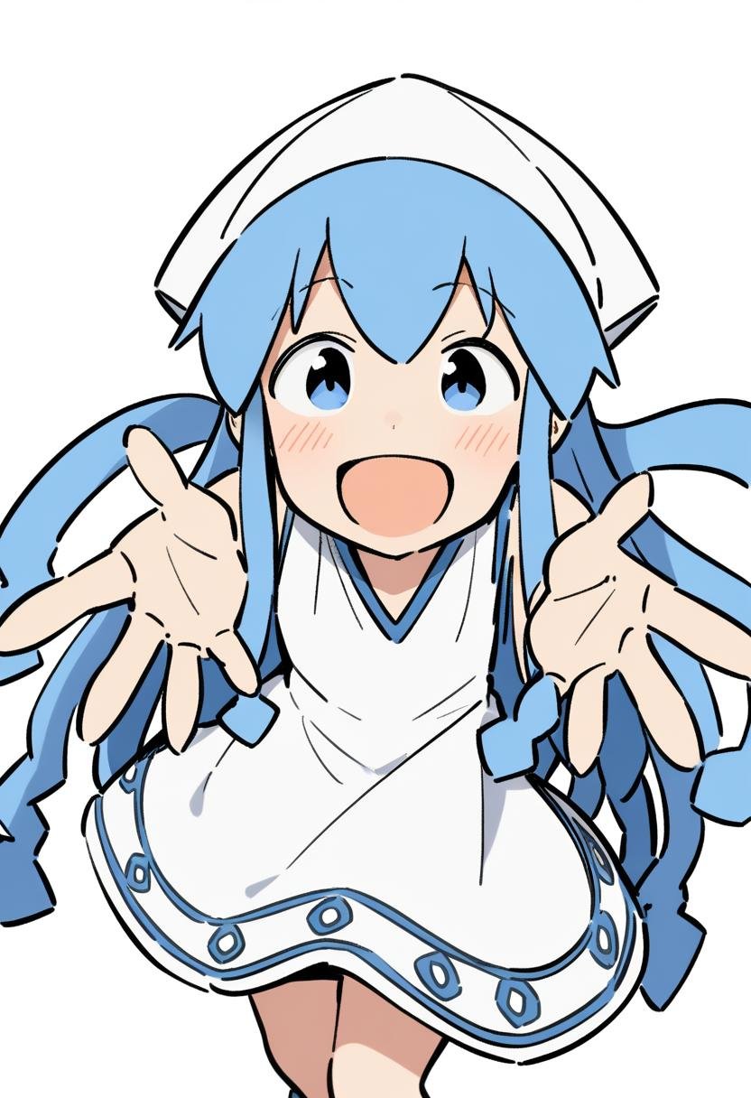 1girl, ika, fusazakura, blue eyes, blue hair, blush, dress, hair between eyes, long hair, looking at viewer, open mouth, outstretched arms, simple background, sleeveless, sleeveless dress, smile, solo, spread arms, tentacle hair, white background, white dress, <lora:char-ika>