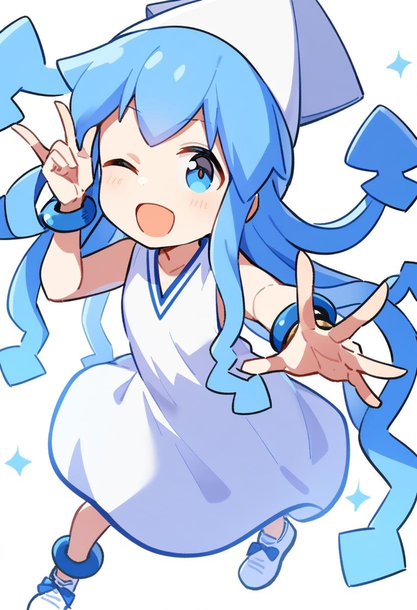 1girl, ika, ;d, blue eyes, blue hair, bracelet, dress, hat, jewelry, long hair, looking at viewer, medium dress, one eye closed, open mouth, shoes, sleeveless, sleeveless dress, smile, solo, squid hat, tentacle hair, white dress, white footwear, white hat, <lora:char-ika>