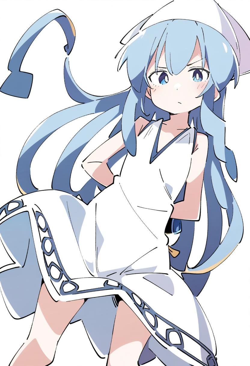 1girl, ika, ixy, arm behind back, blue eyes, blue hair, bracelet, closed mouth, dress, hat, jewelry, long hair, looking at viewer, simple background, sleeveless, sleeveless dress, solo, tentacle hair, white background, white dress, white hat, <lora:char-ika>