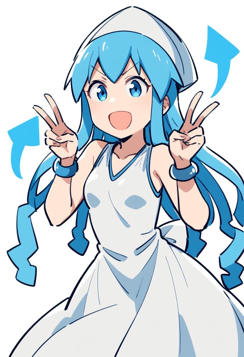 1girl, ika, anbe masahiro, \>:d, :d, blue eyes, blue hair, bracelet, breasts, collarbone, double v, dress, eyebrows, hat, jewelry, matching hair/eyes, monochrome background, open mouth, simple background, small breasts, smile, solo, v, v-shaped eyebrows, white background, white dress, white hat, <lora:char-ika>