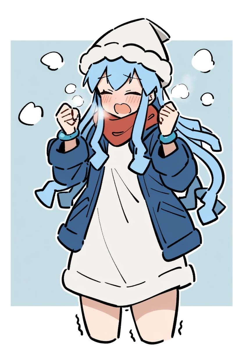 1girl, ika, alternate costume, blue coat, blue hair, blush, border, bracelet, breath, clenched hands, closed eyes, coat, cropped legs, dress, fur-trimmed hood, fur trim, hat, hood, hood down, hooded coat, jewelry, long hair, long sleeves, open mouth, outside border, red scarf, scarf, short dress, solo, squid hat, tentacle hair, trembling, w arms, white border, white dress, white hat, winter clothes, winter coat, <lora:char-ika>