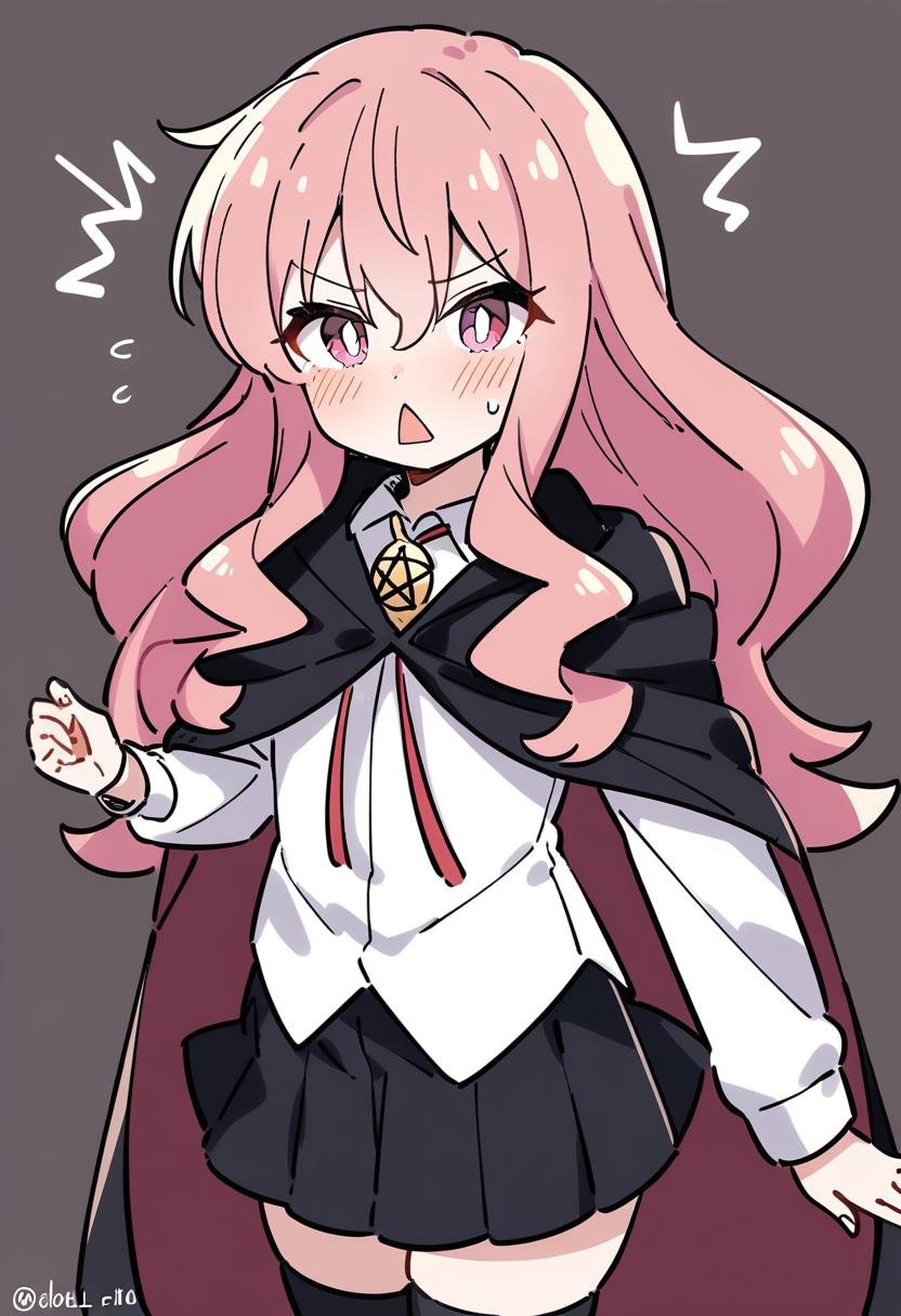 1girl, louise francoise le blanc de la valliere, solo, skirt, pink hair, white background, long hair, bright pupils, simple background, white pupils, pink eyes, thighhighs, white shirt, cape, shirt, black cape, twitter username, black thighhighs, black skirt, looking at viewer, long sleeves, zettai ryouiki, pleated skirt, blush, open mouth, triangle mouth, hair between eyes, ^^^, pentacle, sweatdrop, chestnut mouth, collared shirt, bolo tie, cowboy shot, miniskirt, <lora:char-louise francoise le blanc de la valliere>