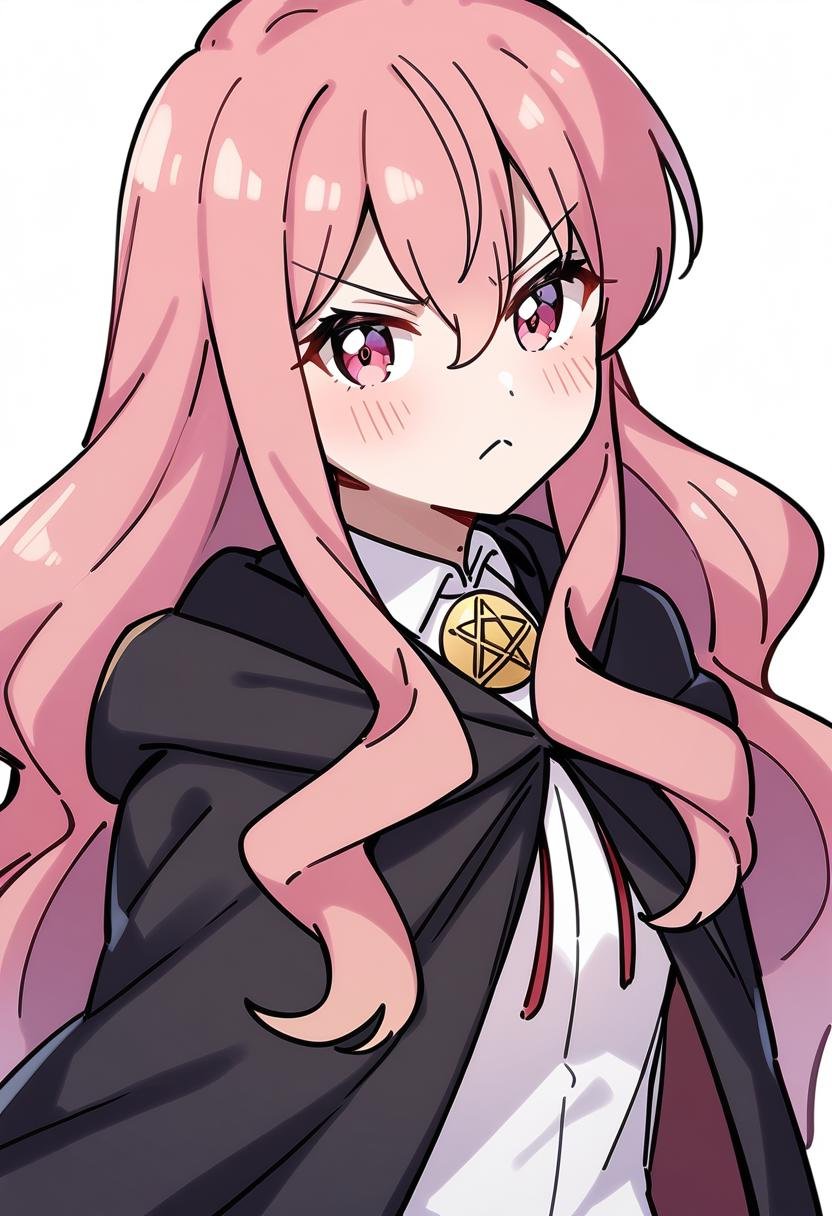 1girl, louise francoise le blanc de la valliere, pink hair, solo, long hair, pink eyes, white background, cape, shirt, upper body, pentacle, simple background, looking at viewer, bolo tie, white shirt, hair between eyes, black cape, closed mouth, frown, blush, collared shirt, v-shaped eyebrows, cloak, pentagram, wavy hair, <lora:char-louise francoise le blanc de la valliere>