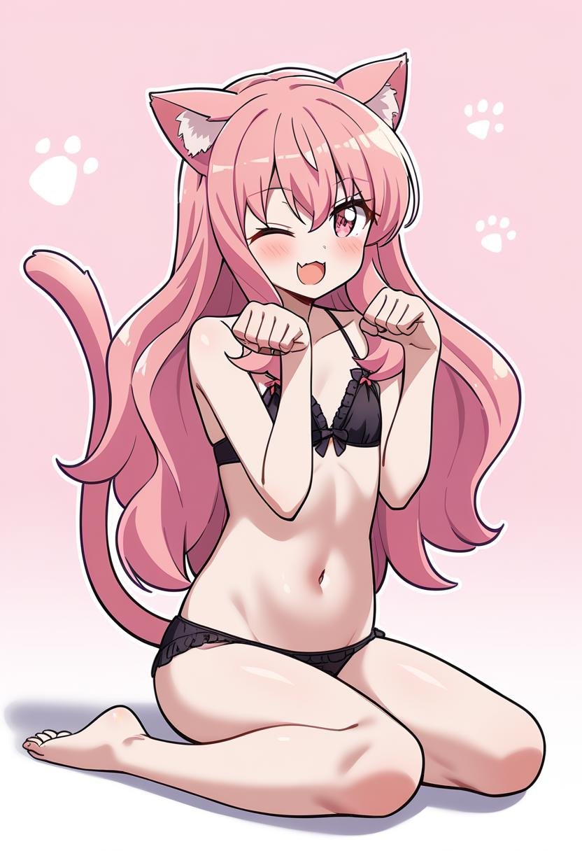 1girl, louise francoise le blanc de la valliere, animal ears, solo, cat ears, long hair, tail, pink hair, one eye closed, pink eyes, cat tail, barefoot, navel, blush, bikini, swimsuit, flat chest, paw pose, sitting, smile, lingerie, very long hair, open mouth, black bikini, underwear, bra, <lora:char-louise francoise le blanc de la valliere>