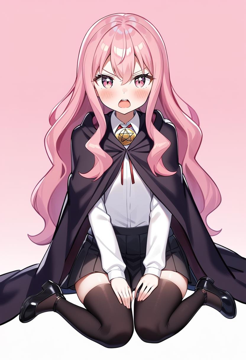 1girl, louise francoise le blanc de la valliere, thighhighs, solo, long hair, skirt, pink hair, shirt, white shirt, cape, pink eyes, black thighhighs, looking at viewer, sitting, open mouth, pleated skirt, black cape, black skirt, blush, long sleeves, collared shirt, zettai ryouiki, wariza, hair between eyes, bolo tie, pink background, teeth, miniskirt, very long hair, dress shirt, gradient background, pentacle, v-shaped eyebrows, simple background, white background, upper teeth only, red ribbon, cloak, <lora:char-louise francoise le blanc de la valliere>