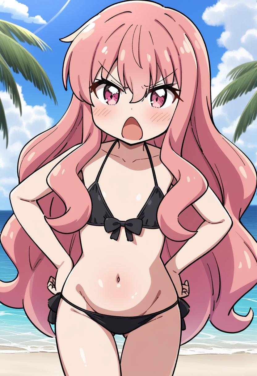 1girl, louise francoise le blanc de la valliere, long hair, swimsuit, bikini, day, solo, pink hair, beach, pink eyes, hands on own hips, outdoors, flat chest, blush, cloud, navel, angry, black bikini, wavy hair, ocean, :o, groin, sky, open mouth, bow bikini, lowleg bikini, v-shaped eyebrows, thigh gap, standing, cowboy shot, looking at viewer, very long hair, pentagram, lowleg, water, hair between eyes, string bikini, sidelocks, <lora:char-louise francoise le blanc de la valliere>