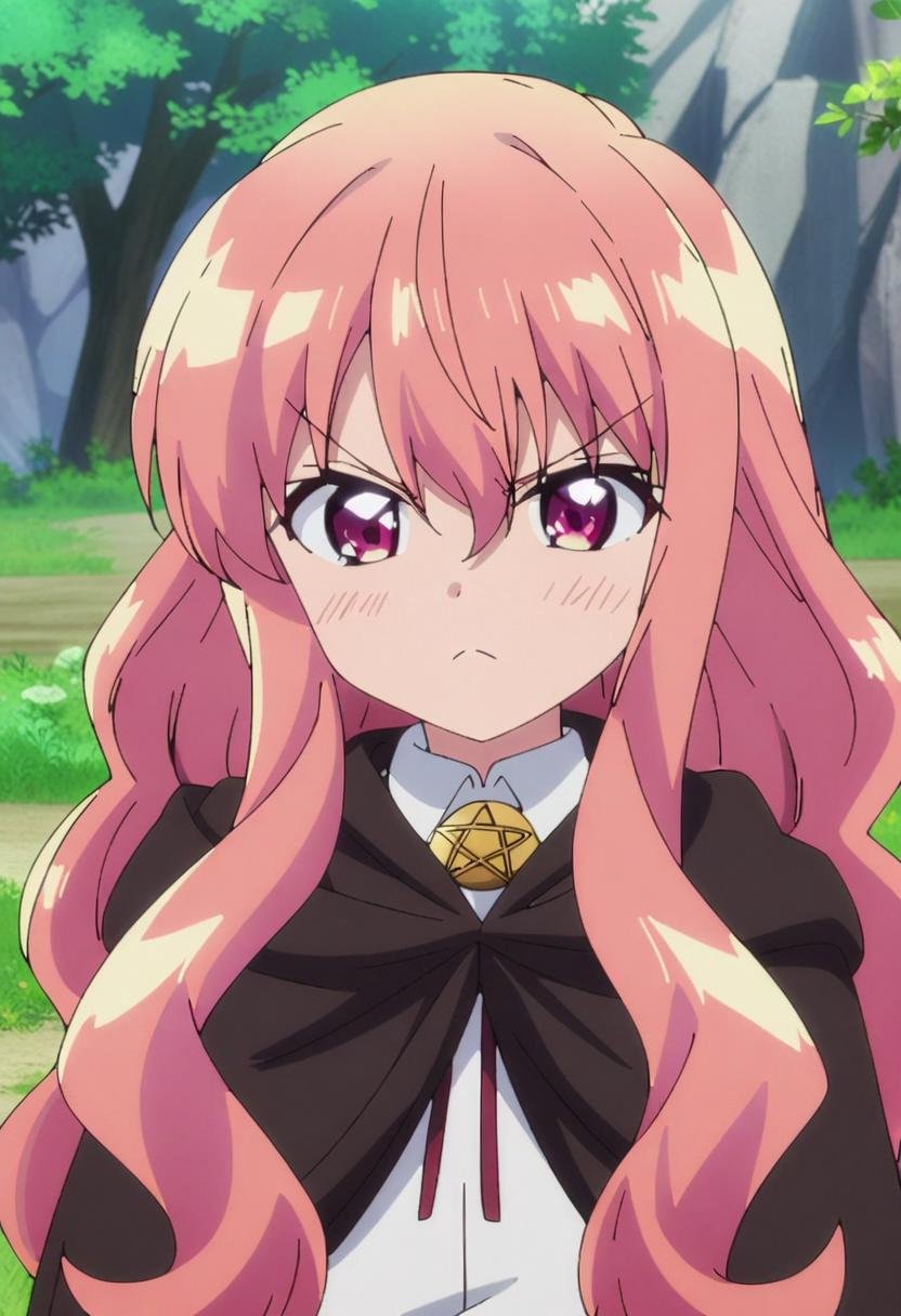 1girl, louise francoise le blanc de la valliere, pink hair, anime screencap, outdoors, long hair, pink eyes, cape, shirt, upper body, pentacle, looking at viewer, bolo tie, white shirt, hair between eyes, black cape, closed mouth, frown, blush, collared shirt, v-shaped eyebrows, cloak, pentagram, wavy hair, <lora:char-louise francoise le blanc de la valliere>