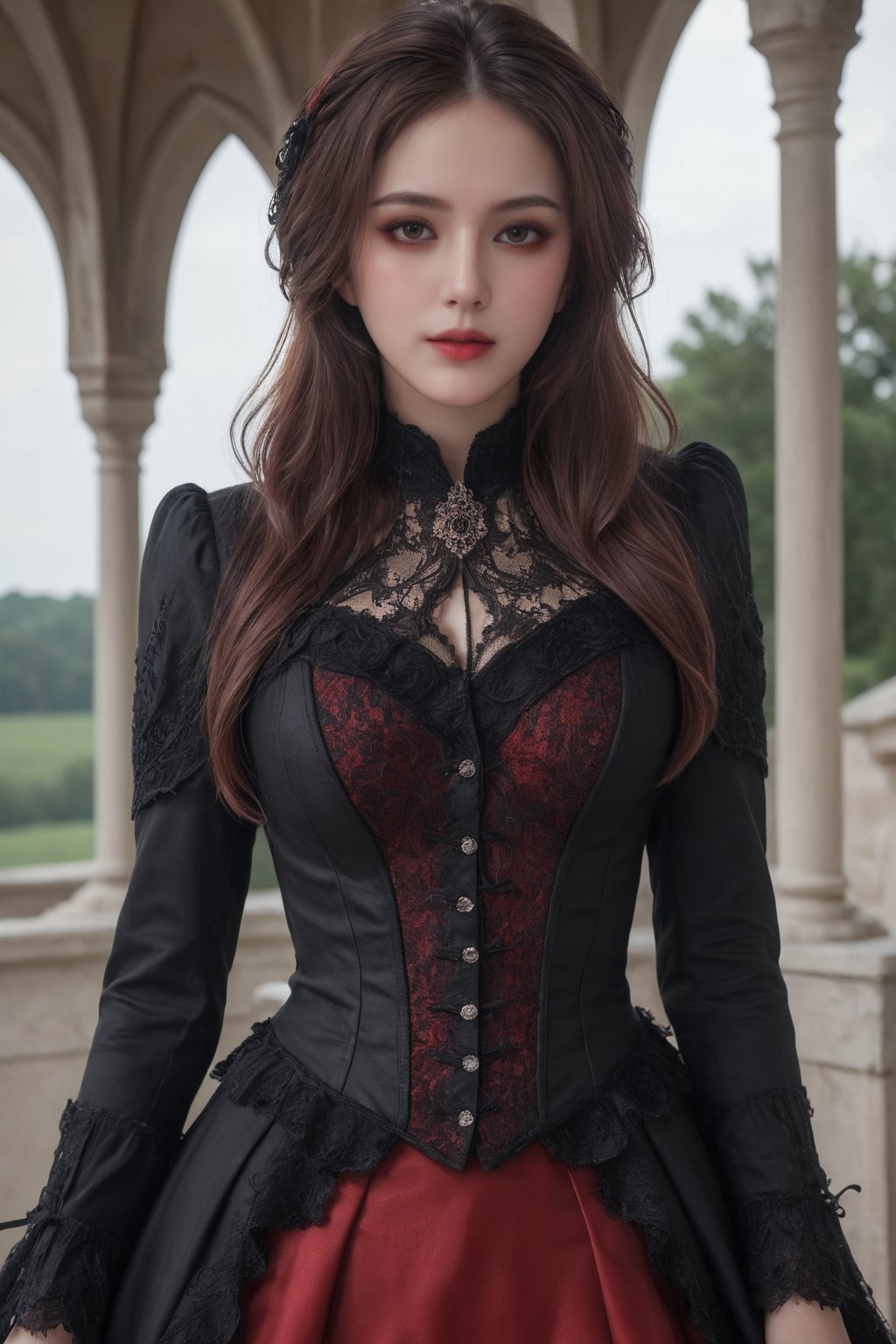 (ultra realistic,best quality),photorealistic,Extremely Realistic, in depth, cinematic light,hubggirl,

1girl, professional photoshot, red and black gothic clothing, beautiful model, very detailed brown hair, incredibly detailed red eyes, elegant and aesthetic pose, very detailed outfit, 