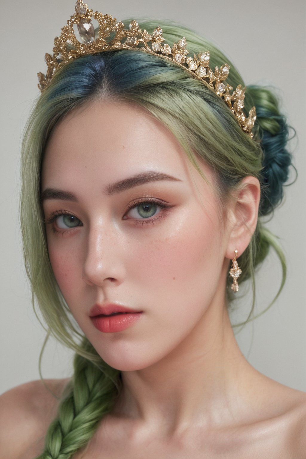 (ultra realistic,best quality),photorealistic,Extremely Realistic, in depth, cinematic light,hubggirl,

(masterpiece, best quality), High detailed, picture perfect face, blush, freckles, beautiful face, supermodel, colorful, (light green hair,multicolored hair), long hair,braids, side bun, golden tiara,perfectly textured skin,blue eyes,iridescent eyes, (perfect female body), (thic lips, broad lips), alluring, charming, beautiful, cute, tomboy, lipgloss, makeup,gold and gem earrings,Black top,thin fabric,