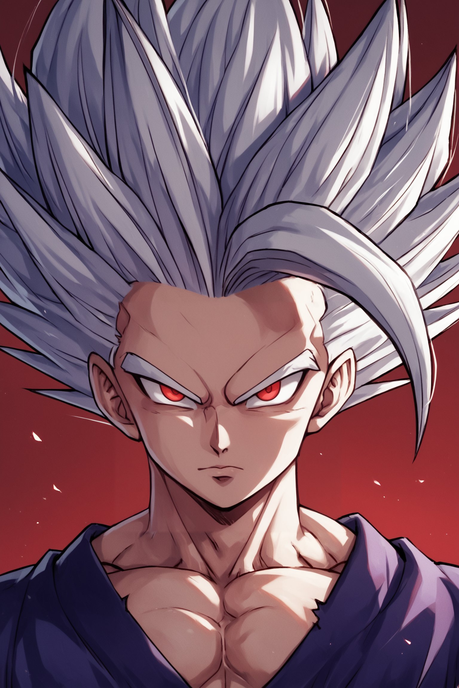 score_9, score_8_up, score_7_up, score_6_up, score_5_up, score_4_up,gohan_beast, red eyes, solo, spiked hair, white hair, portrait, dramatic lighting, red background, 


