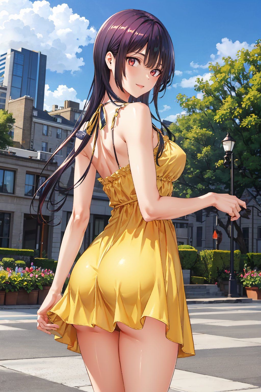 masterpiece, best quality  <lora:takaminesan-nvwls-v1-000009:0.9> takaminesan, red eyes, yellow sundress, from behind, garden, blue sky, city, smile  <lora:edgChamYellowSundress:0.4> edgYSD,woman wearing a yellow sundress