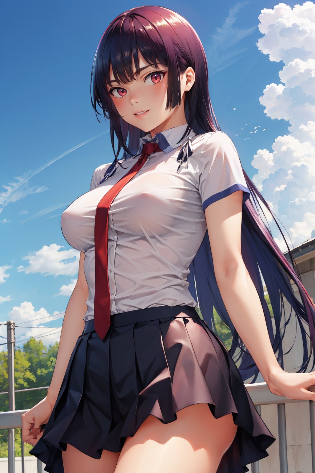 masterpiece, best quality  <lora:takaminesan-nvwls-v1-000009:0.9> takaminesan, red eyes, hair ribbon, white shirt, red necktie, short sleeves, pleated skirt, black skirt, large breasts, serious, looking at viewer, from below, furrowed brow, smile, blue sky