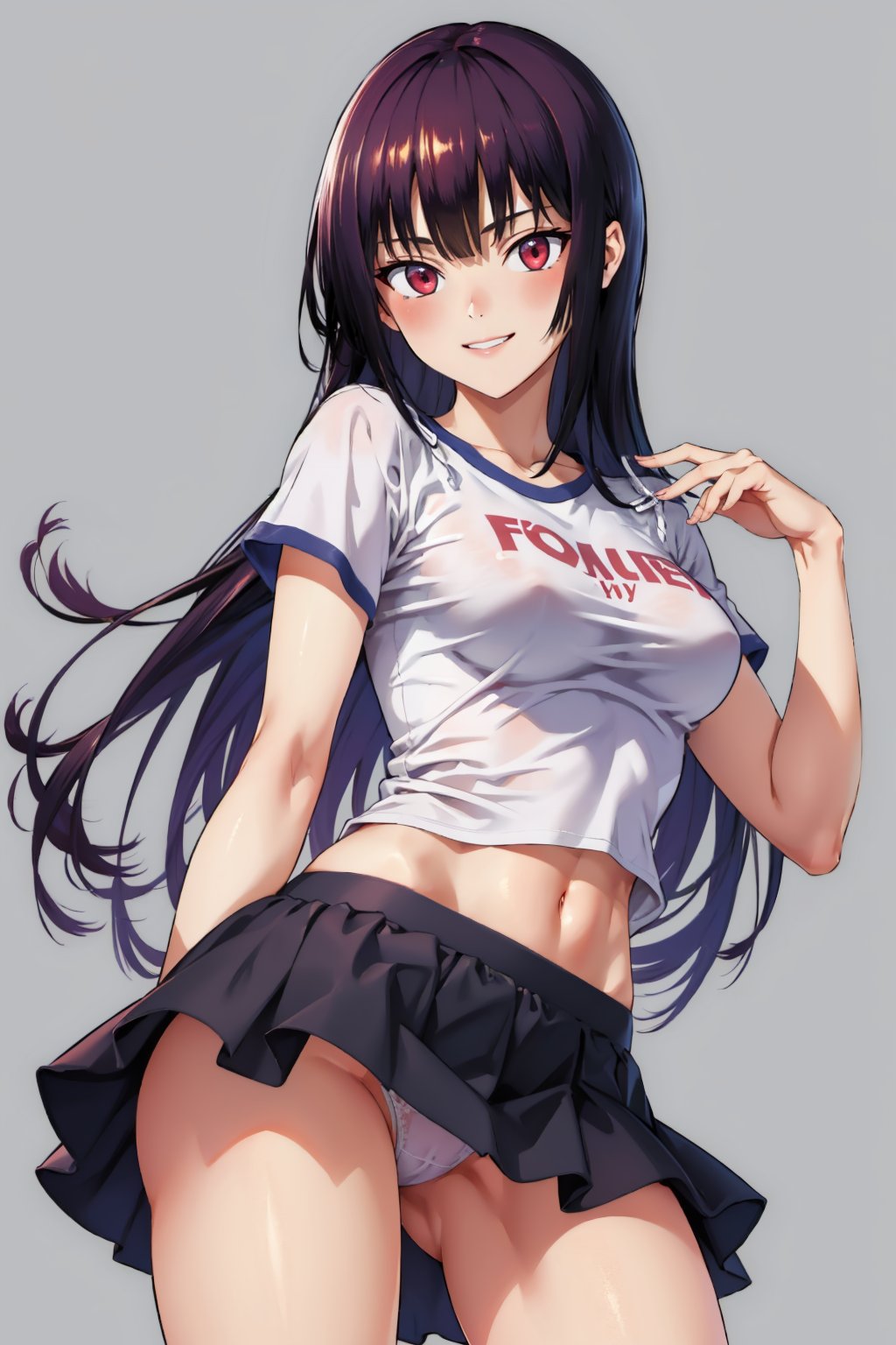 masterpiece, best quality  <lora:takaminesan-nvwls-v1-000009:0.9> takaminesan, red eyes, white t-shirt, midriff, black skirt, presenting panties, looking at viewer, blush, smile, simple background, 