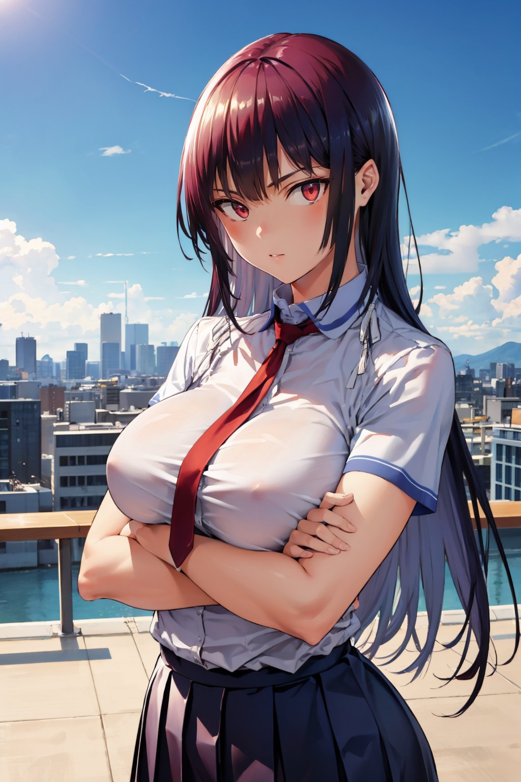 masterpiece, best quality  <lora:takaminesan-nvwls-v1-000009:0.9> takaminesan, red eyes, hair ribbon, white shirt, red necktie, short sleeves, pleated skirt, black skirt, huge breasts, serious, looking at viewer, crossed arms, upper body, blue sky, city