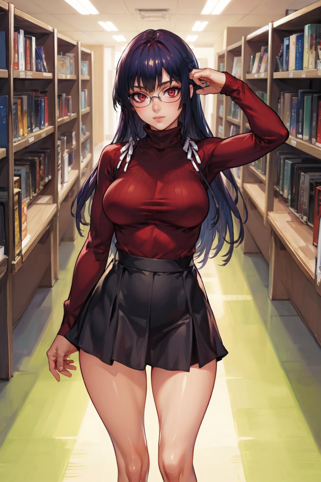 masterpiece, best quality  <lora:takaminesan-nvwls-v1-000009:0.9> takaminesan, red eyes, hair ribbon, large breasts, maroon sweater, turtleneck, black skirt, glasses, looking at viewer, library