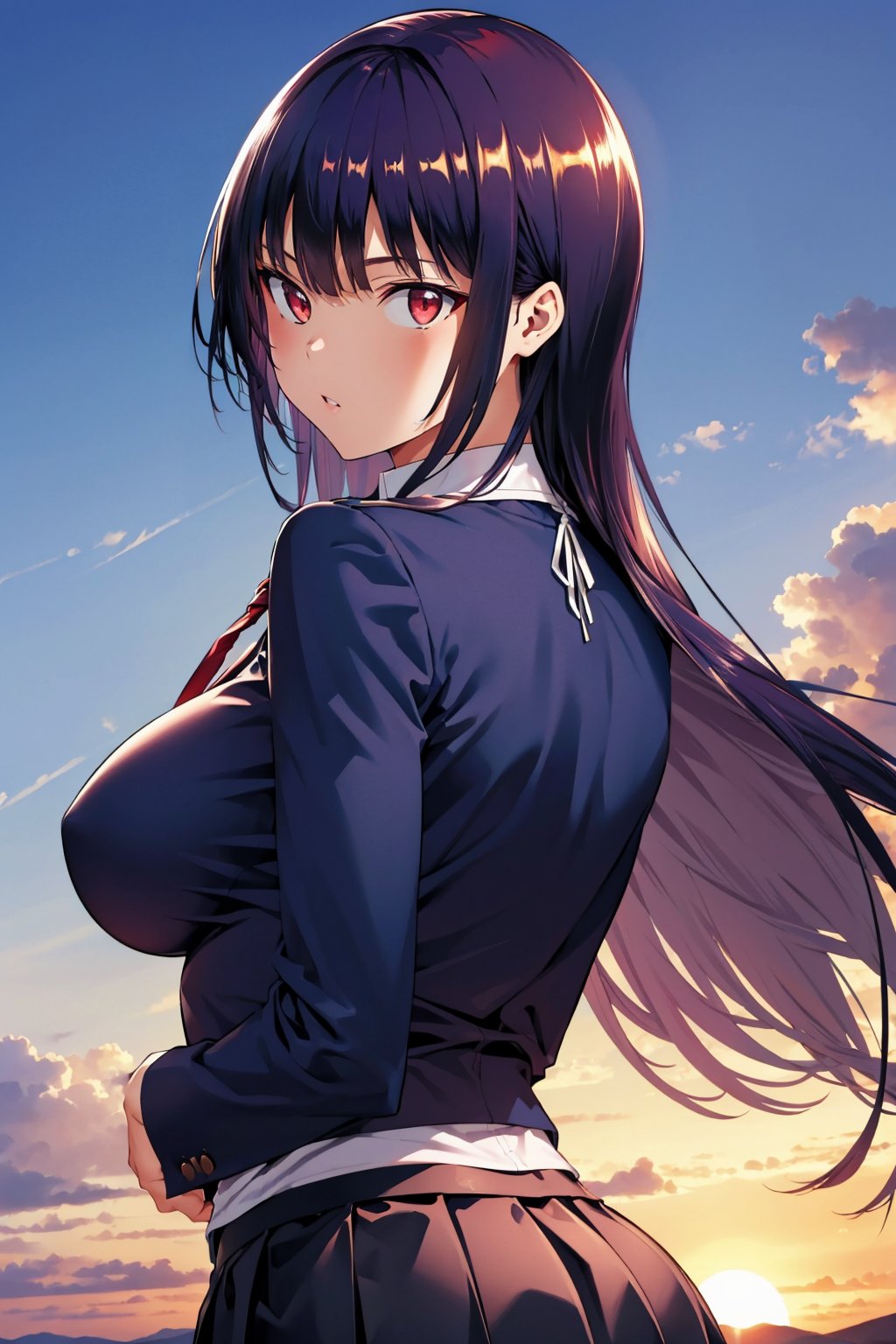 masterpiece, best quality  <lora:takaminesan-nvwls-v1-000009:0.9> takaminesan, red eyes, white shirt, red necktie, pleated skirt, black skirt, blue jacket, large breasts, from behind, blue sky, sunset, looking at viewer, surprised