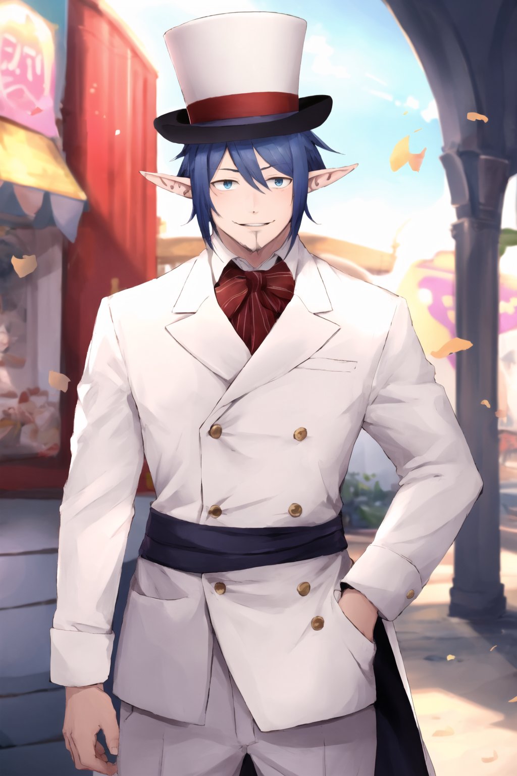masterpiece, high definition, perfect quality, ao_no_exorcist, mephisto_pheles, alone, looking at viewer, smile, long sleeves, 1 boy, standing, blue hair, male focus, pants, facial hair, hand on waist, top hat, , pointed ears, perfect proportions, perfect hands, beautiful, 8k, beautiful eyes, perfect pupils, perfect pupil, 1 child, ahoge, in the background an amusement park,1guy