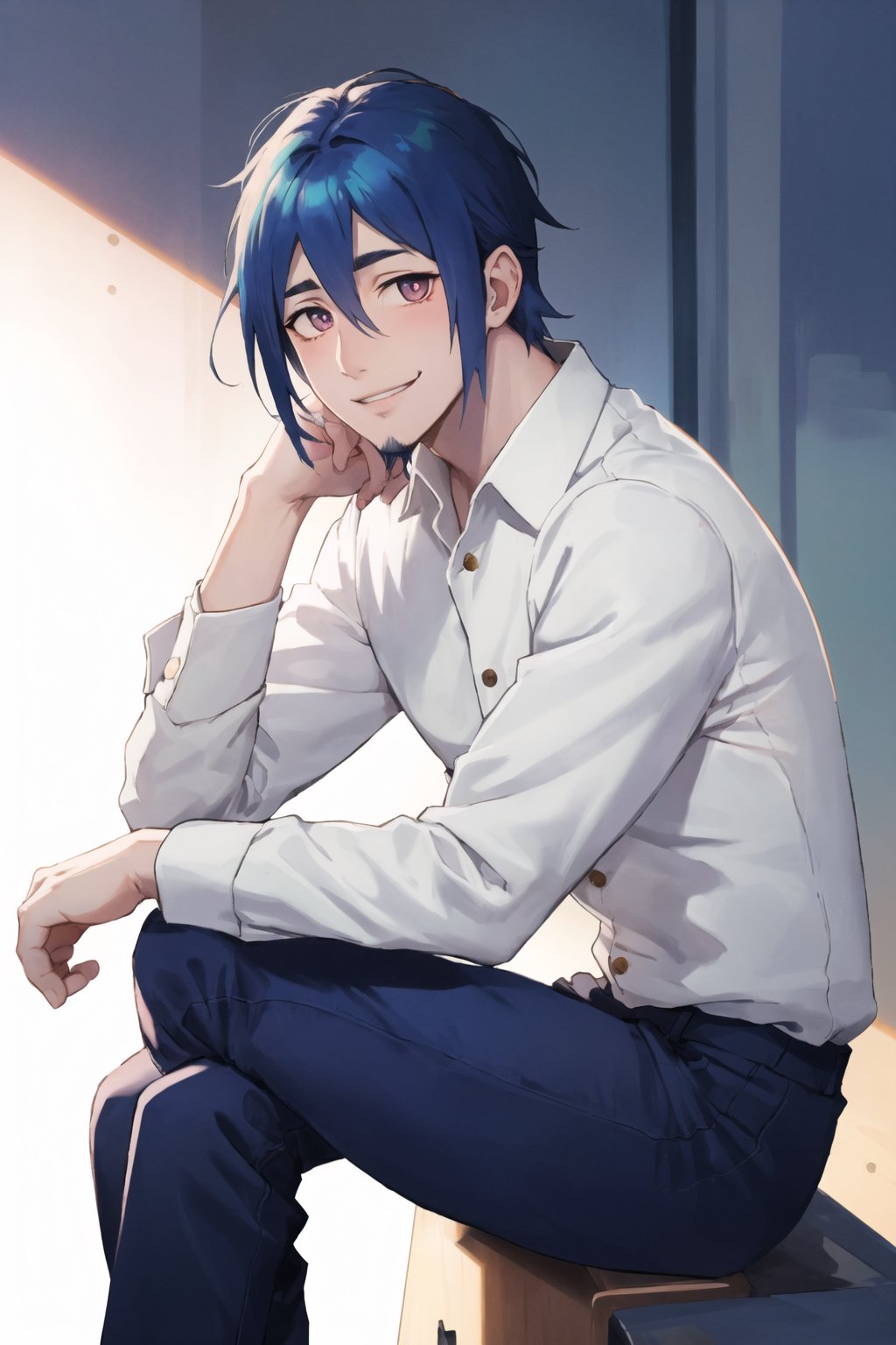 masterpiece, high definition, perfect quality,ao_no_exorcist,mephisto_pheles,solo,looking at viewer,smile,long sleeves,1boy,sitting,blue hair,male focus,pants,buttons,facial hair,crossed legs,head rest,hand on own knee,perfect proportions, perfect hands, beautiful, 8k blushing, semen, semen on penis, semen in abs, beautiful eyes, perfect pupils, perfect pupil 