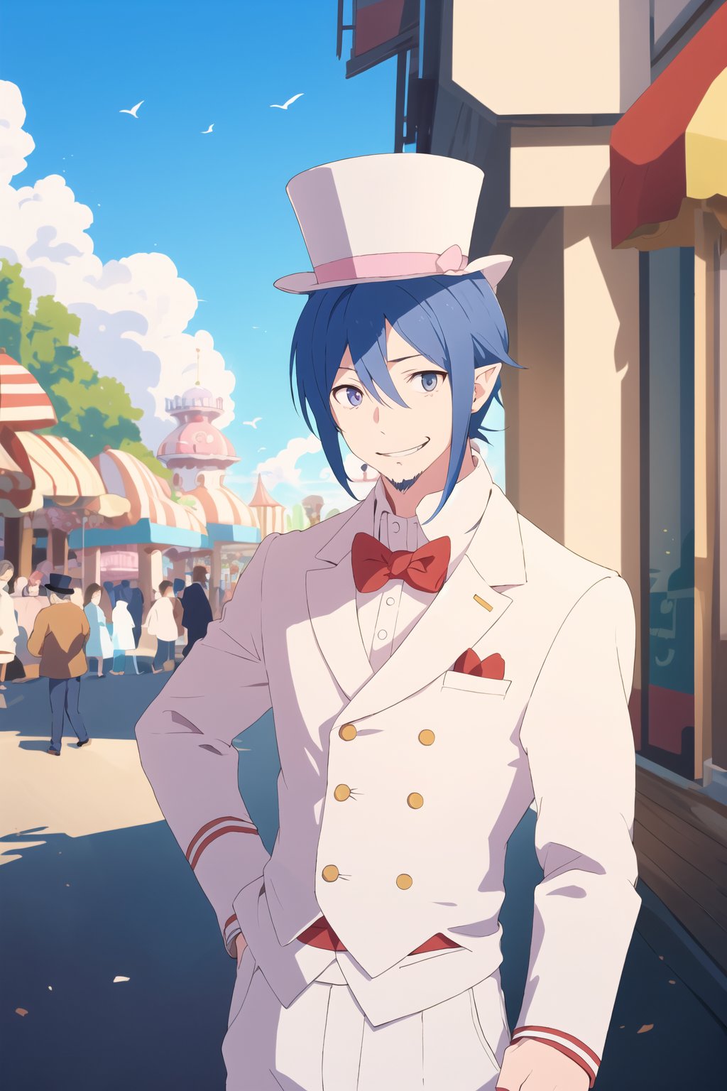 masterpiece, high definition, perfect quality, ao_no_exorcist, mephisto_pheles, alone, looking at viewer, smile, long sleeves, 1 boy, standing, blue hair, male focus, pants, facial hair, hand on waist, top hat, , pointed ears, perfect proportions, perfect hands, beautiful, 8k, beautiful eyes, perfect pupils, perfect pupil, 1 child, ahoge, in the background an amusement park,1guy