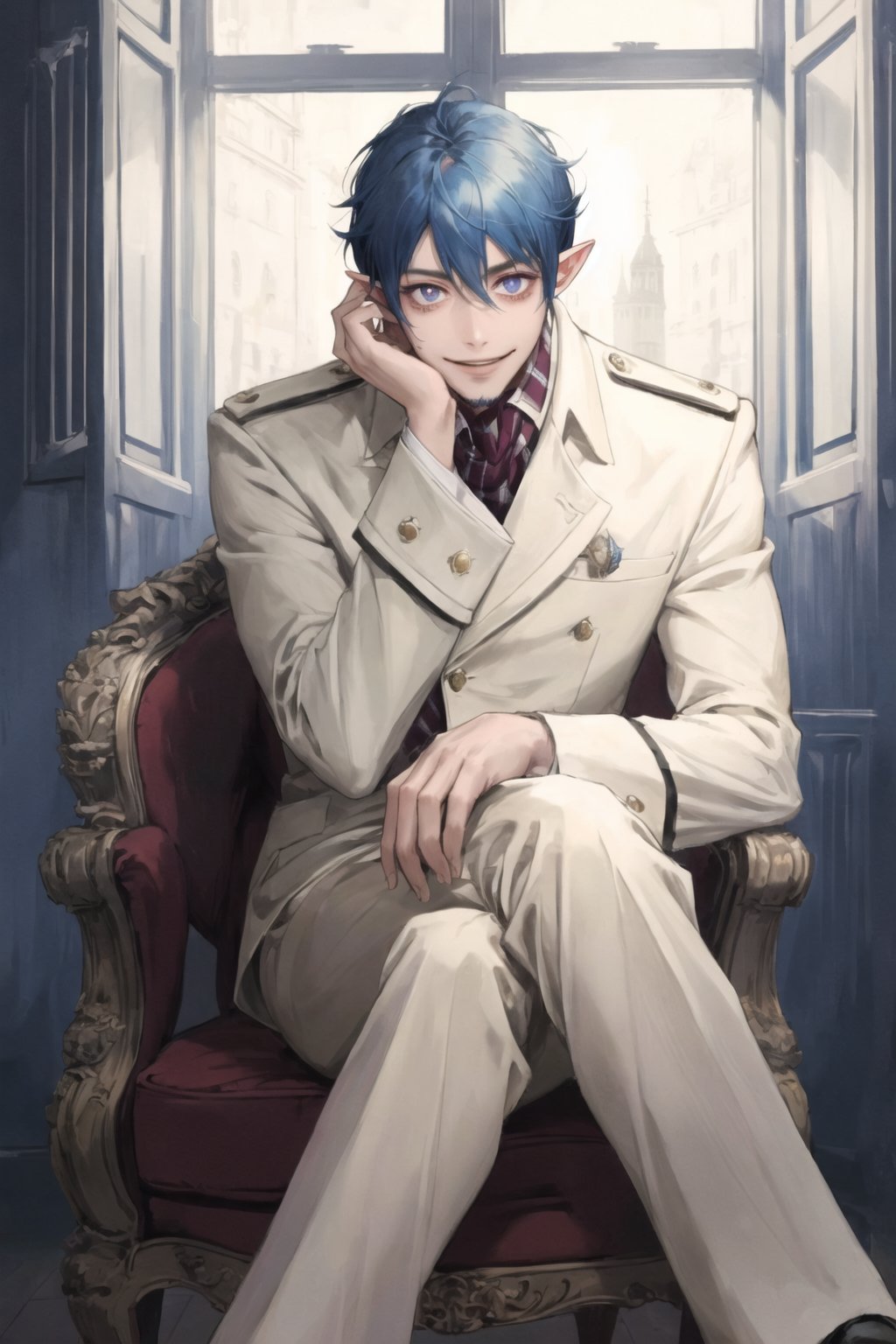 masterpiece, high definition, perfect quality, ao_no_exorcist, mephisto_pheles, alone, looking at viewer, smile, long sleeves, 1 boy, sitting, blue hair, male focus, pants, facial hair, legs crossed, headrest, hand on knee,pointy ears, perfect proportions, perfect hands, beautiful, 8k, beautiful eyes, perfect pupils, perfect pupil,1BOY,1boy