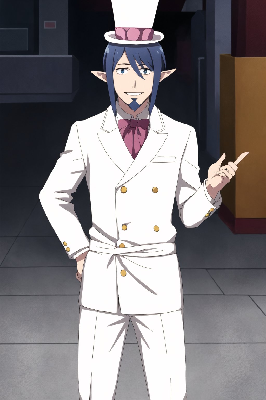 masterpiece, high definition, perfect quality, ao_no_exorcist, mephisto_pheles, alone, looking at viewer, smile, long sleeves, 1 boy, standing, blue hair, male focus, pants, facial hair, hand on waist, top hat, , pointed ears, perfect proportions, perfect hands, beautiful, 8k, beautiful eyes, perfect pupils, perfect pupil, 1 child, ahoge, in the background an amusement park,1guy