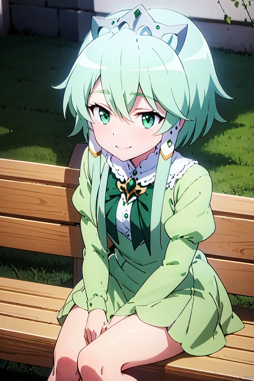  1girl, full body,solo,looking_at_viewe,green-eyes,sitting,outdoor,bench,sea,smile, short hair, closed mouth, long sleeves, bow, hair between eyes,full body,green dress,green hair, green bow, Anime, fantasy, magic,Lucia