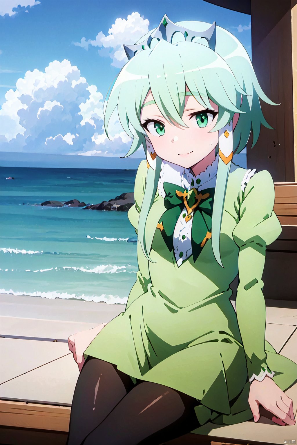  1girl, full body,solo,looking_at_viewe,green-eyes,sitting,outdoor,bench,sea,smile, short hair, closed mouth, long sleeves, bow, hair between eyes,full body,green dress,green hair, green bow, Anime, fantasy, magic,black pantyhose,Lucia