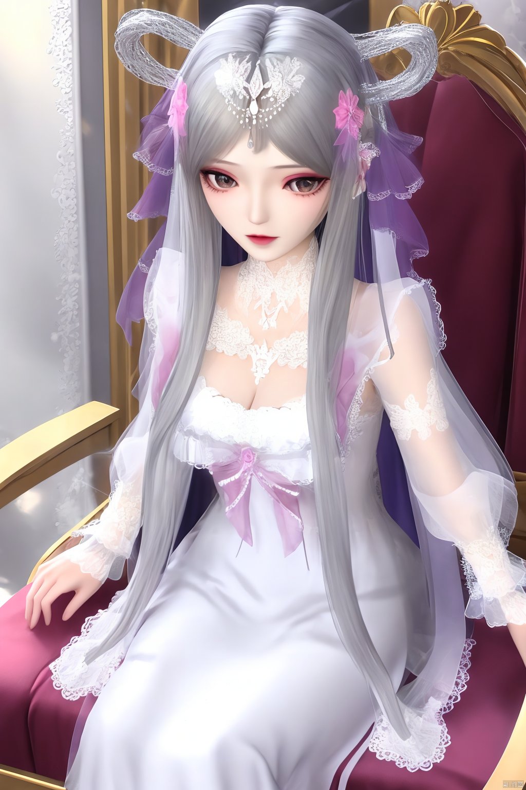  1girl,long hair,dress,silver hair,hair ornament,sitting