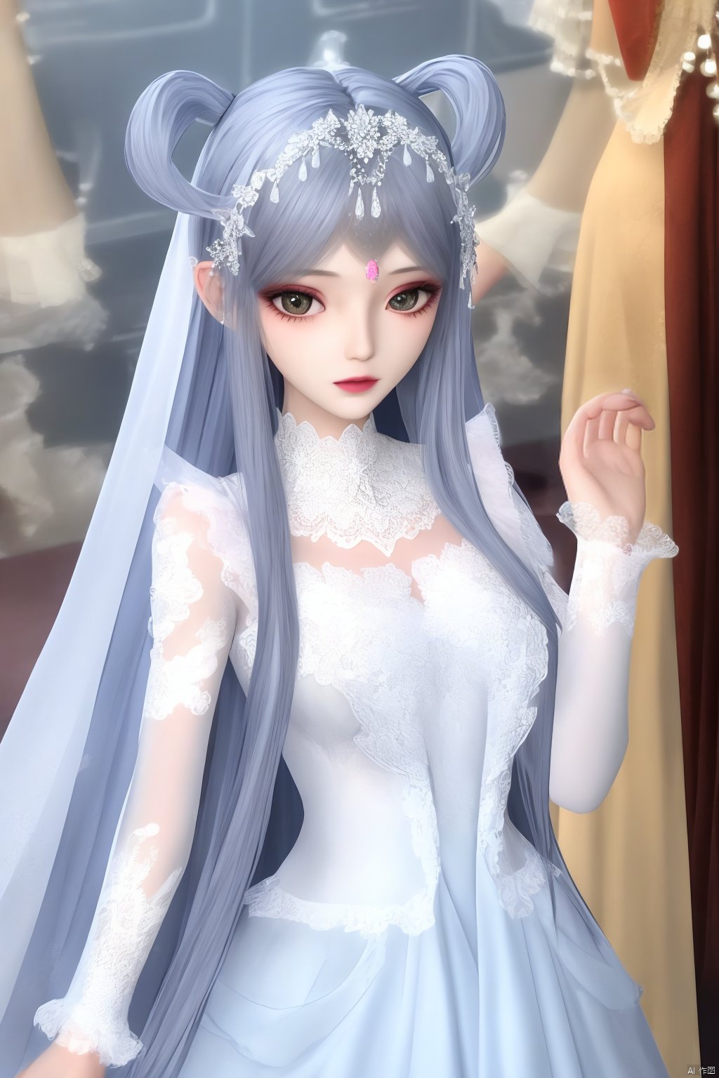  1girl,long hair,dress,silver hair,hair ornament