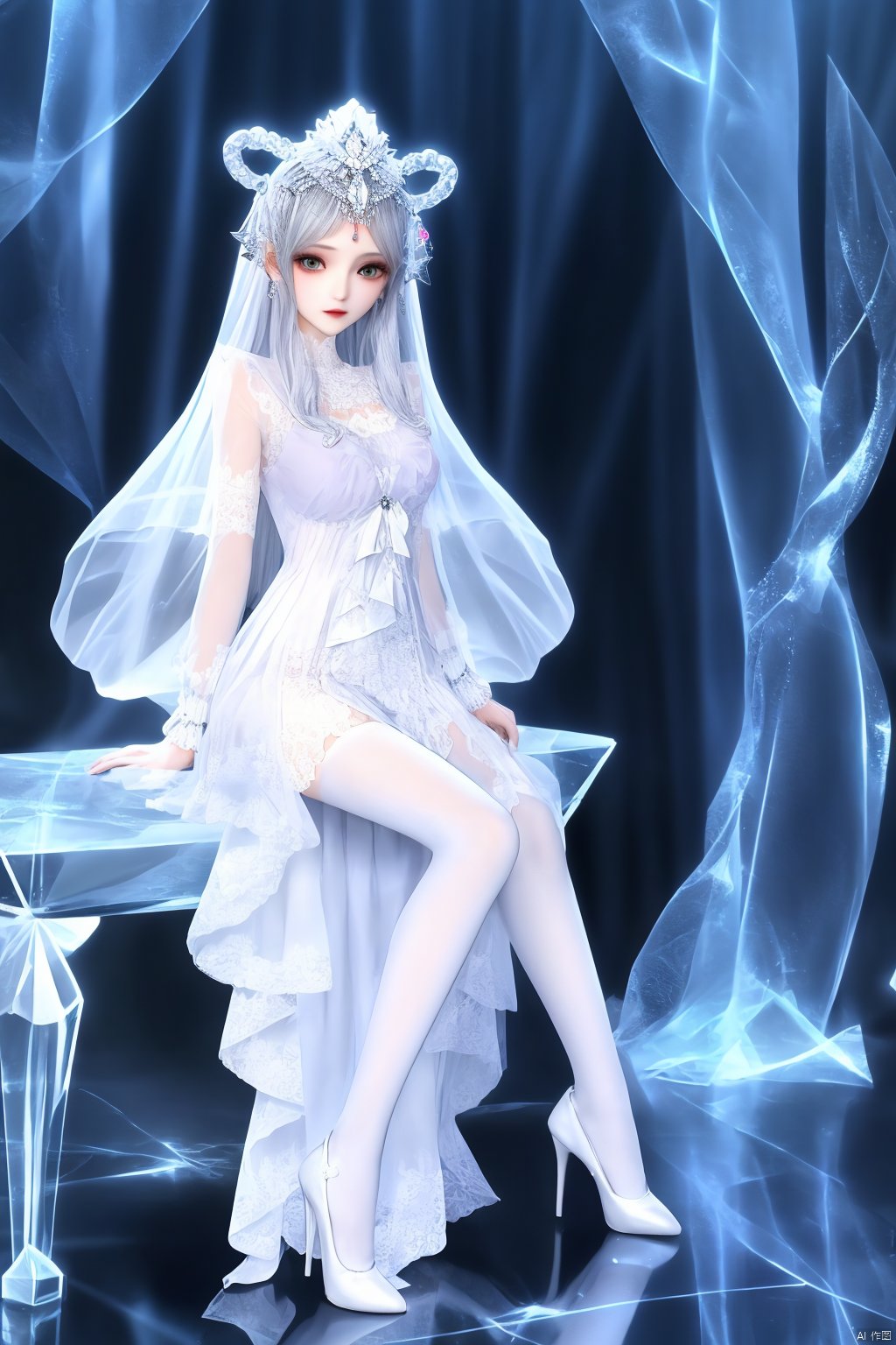  1girl,long hair,dress,silver hair,hair ornament,sitting,hair ornament,headpiece,high heels,Transparent lace white socks