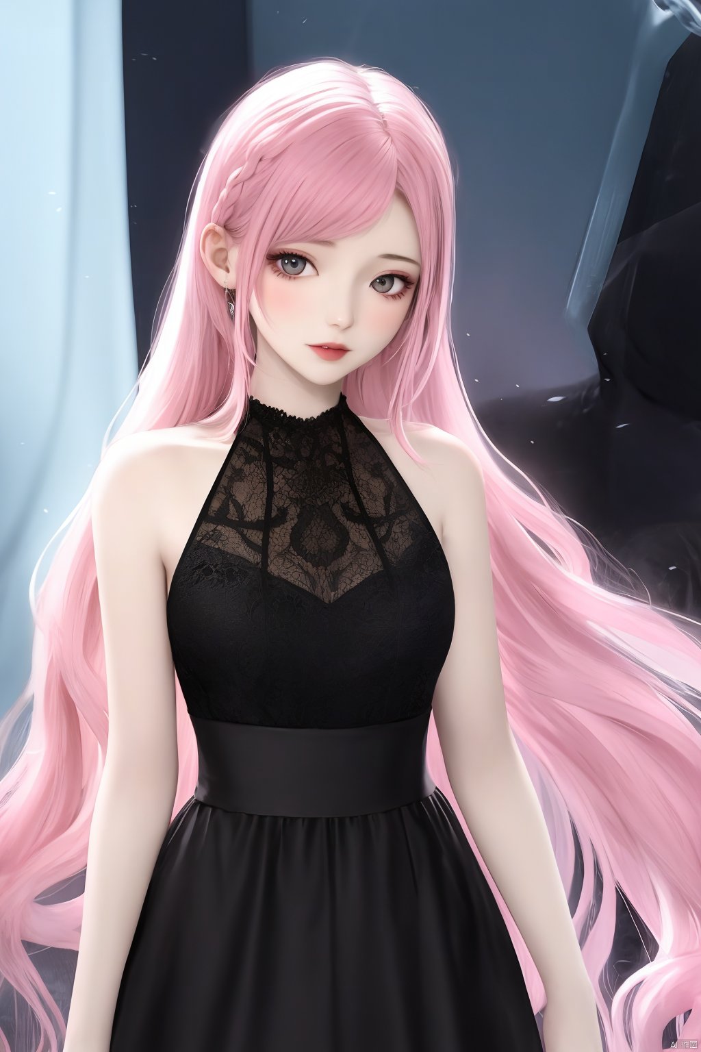 1girl,pink hair,long hair,black dress,undercut