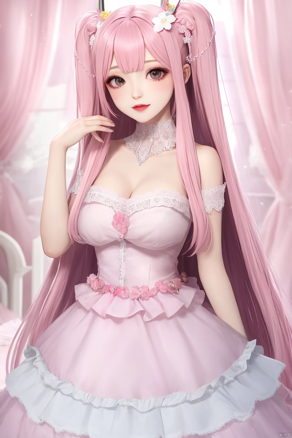  1girl,pink hair,long hair,dress,Pink hair,hair ornament