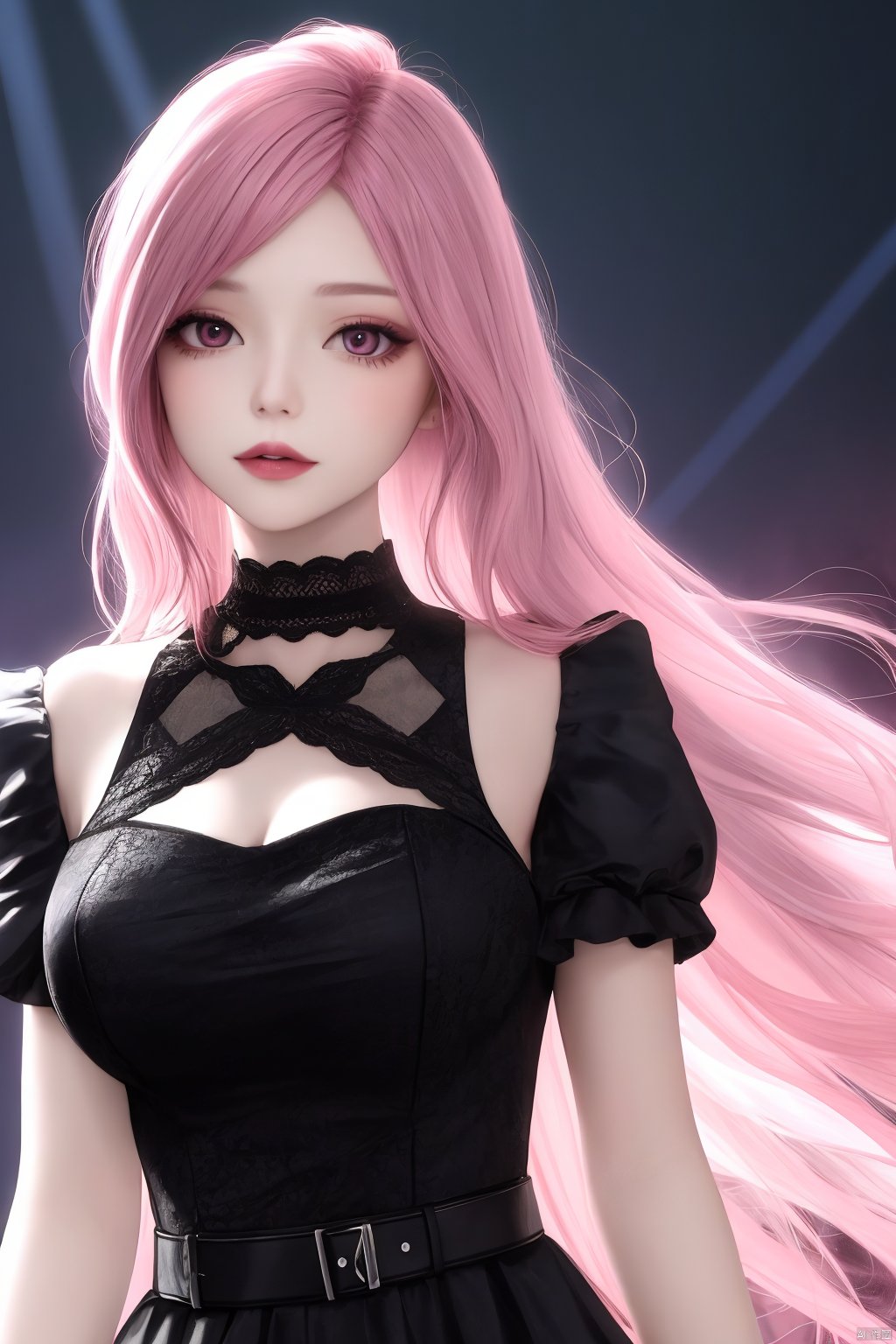 1girl,pink hair,long hair,black dress,undercut,Pink hair