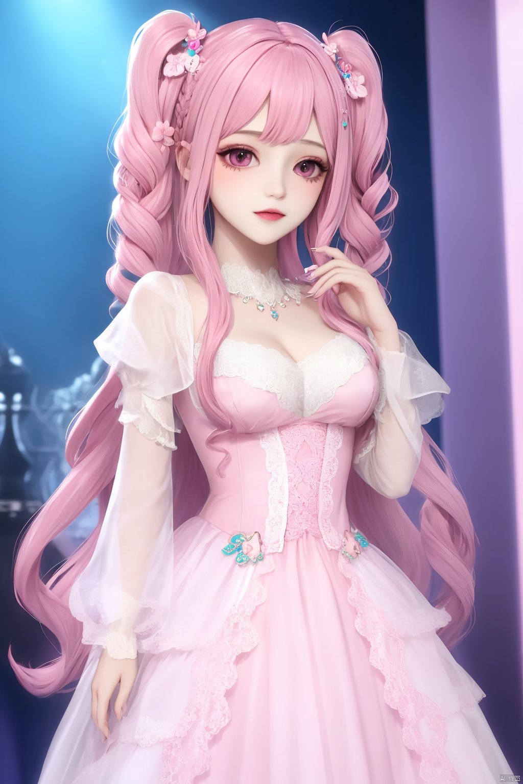 1girl,pink hair,long hair,dress,Pink hair,hair ornament