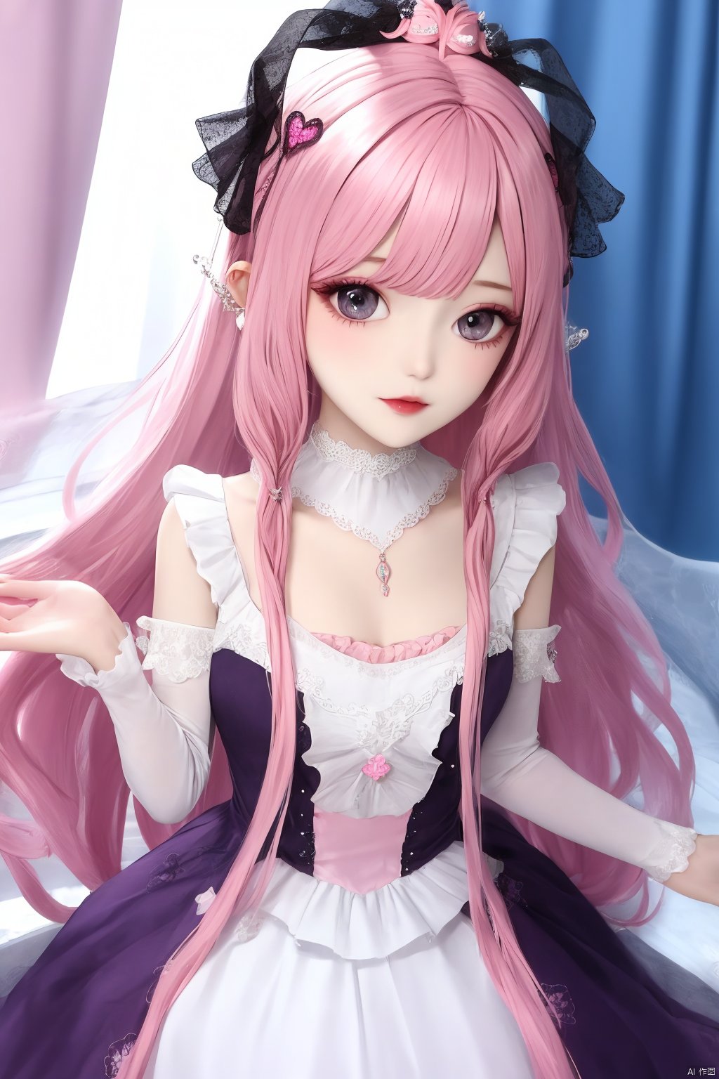  1girl,pink hair,long hair,dress,Pink hair,hair ornament